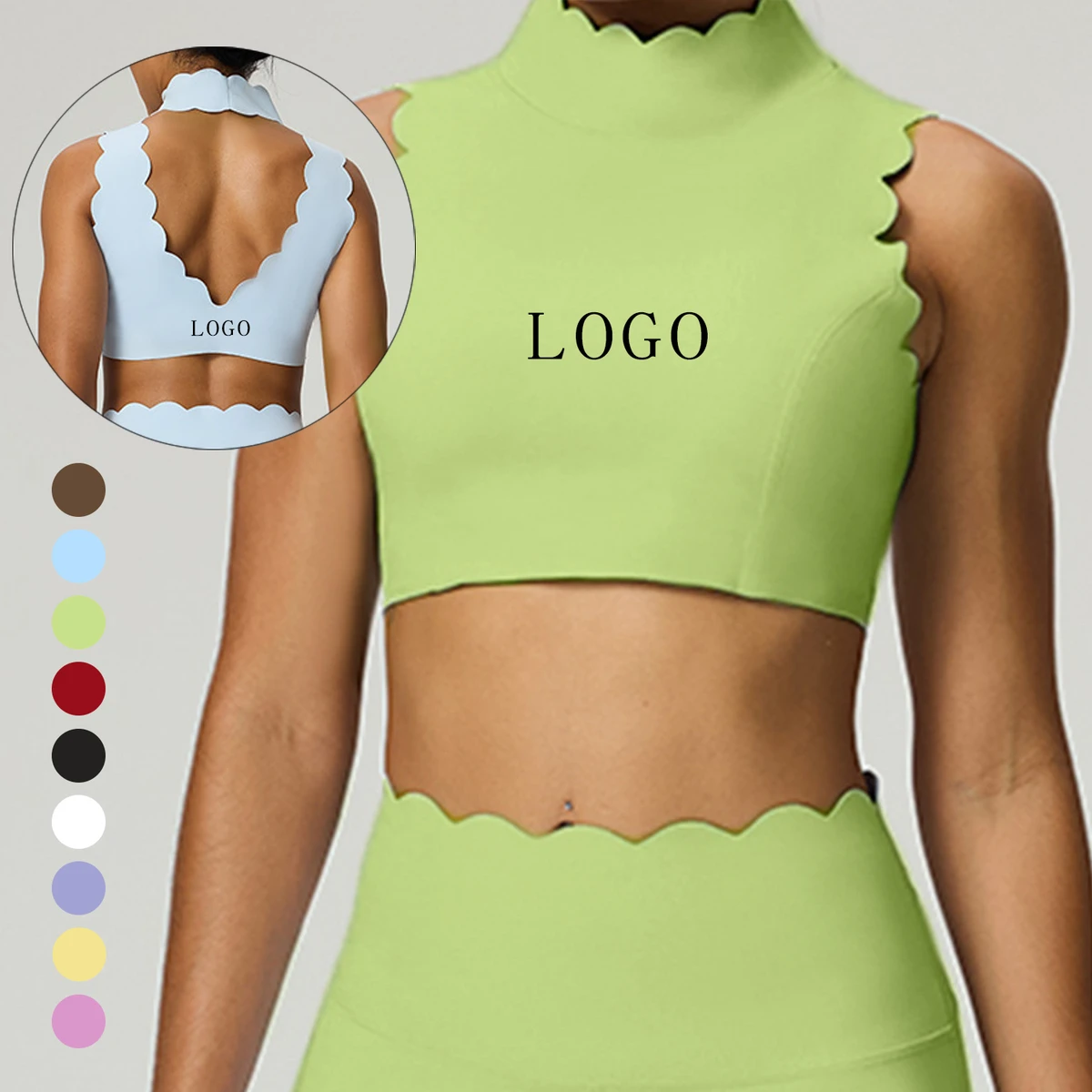 Sporty Cut-out Back Sexy Fitness Top Yoga Wear for Women with Wave Lace High Neck Yoga Vest