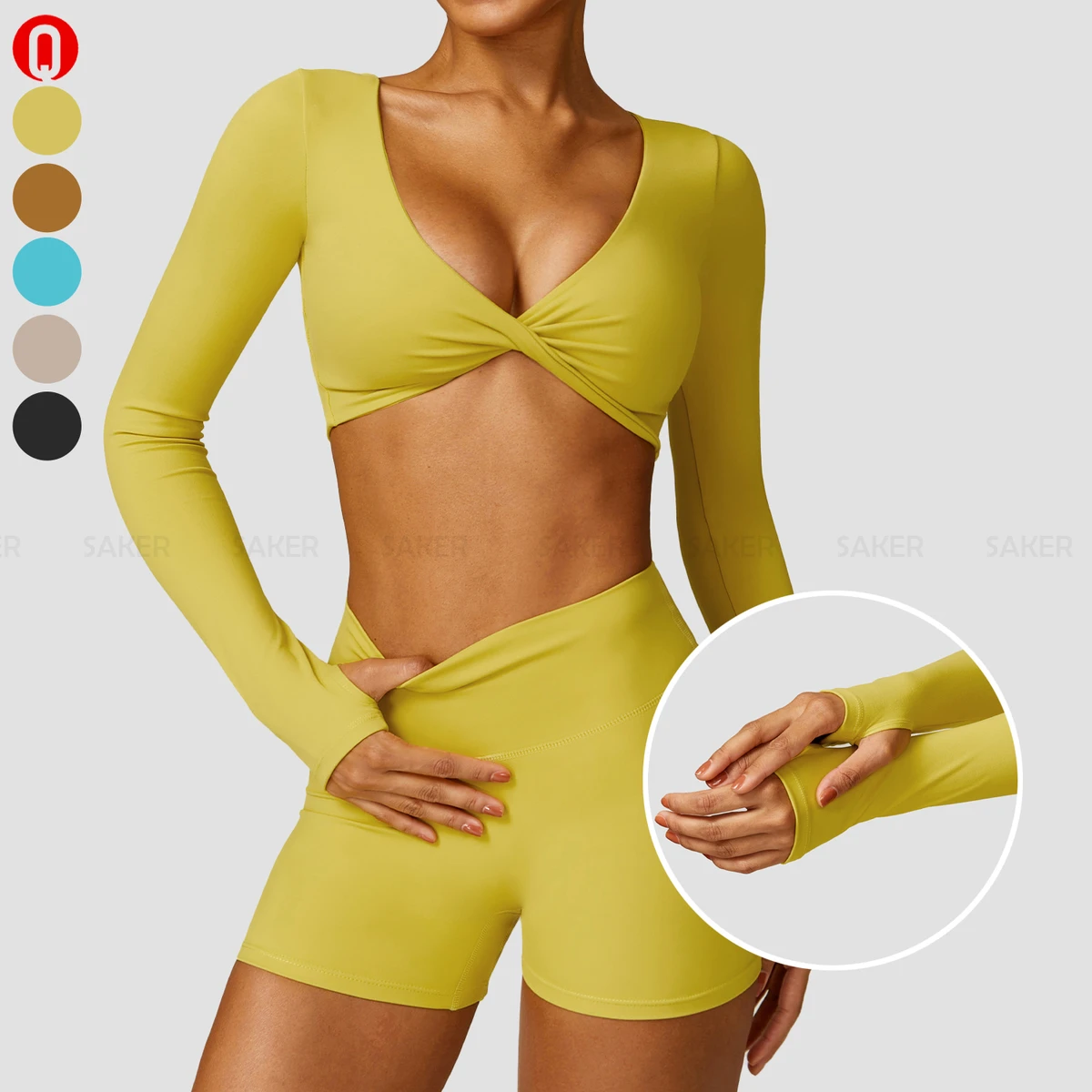 Custom Softness Workout Sportswear Tight Front Twist Long Sleeve Yoga T-shirt Sexy Deep V Neck Women Thumb Hole Gym Crop Top