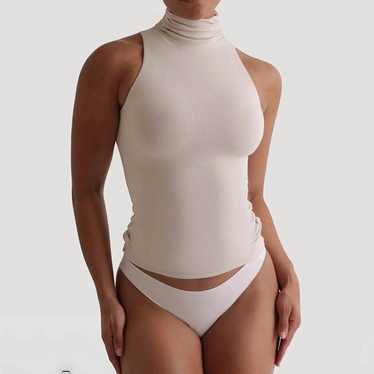 Women's Sleeveless Turtle Neck Compression Yoga Top Slim Fit Custom Logo Knitted Active Plain Blank Nylon Casual Lounge Wear