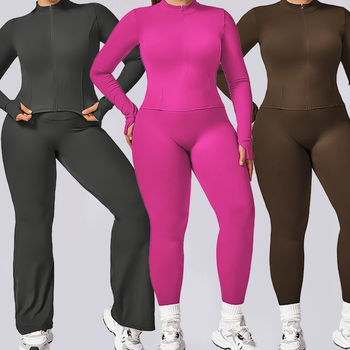Custom logo Wholesale Plus Size Quick Dry High Collar Long Sleeve High Waist Gym Fitness Two Piece Women Yoga Set
