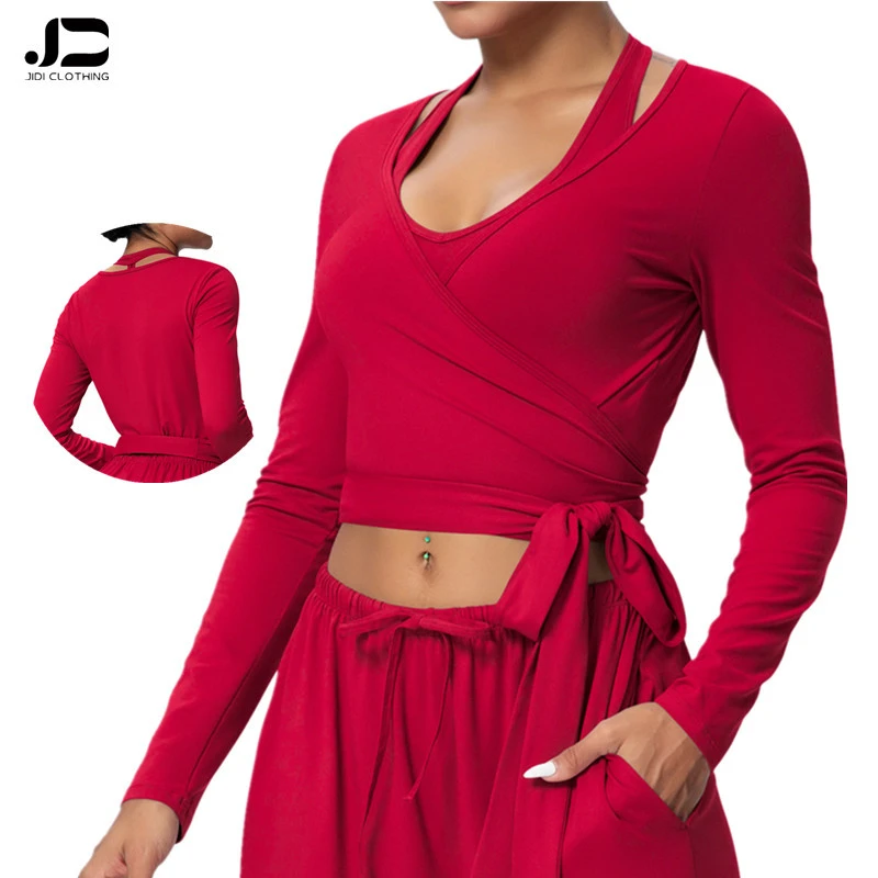 New Women's Solid Color Brushed Fabric Fast Dry Tight Cross Strap V-neck Long Sleeve Sports Running Fitness Yoga Clothes