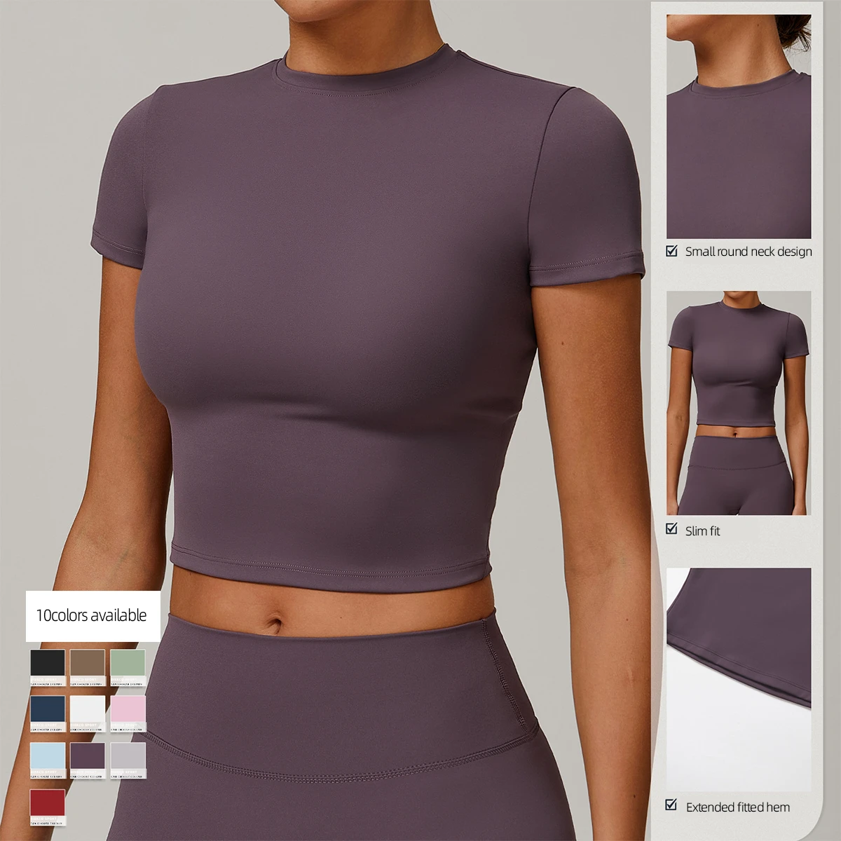 Plus Size Athletic Elastic Extended Fitted Hem Half Sleeve Crew Neck Women Gym Compression Tee Shirts Yoga Wrap Custom Crop Top