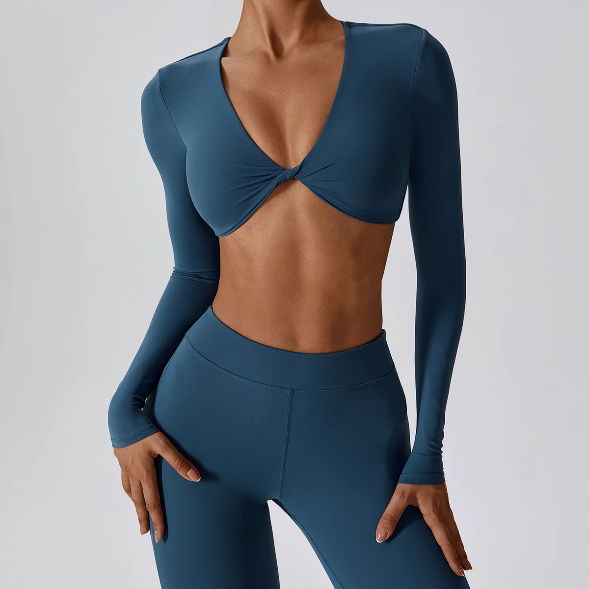 Deep V Neck Sports Crop Top Sexy Twist Front Long Sleeve Gym Tops Slim Fit Breathable Workout Yoga T Shirt