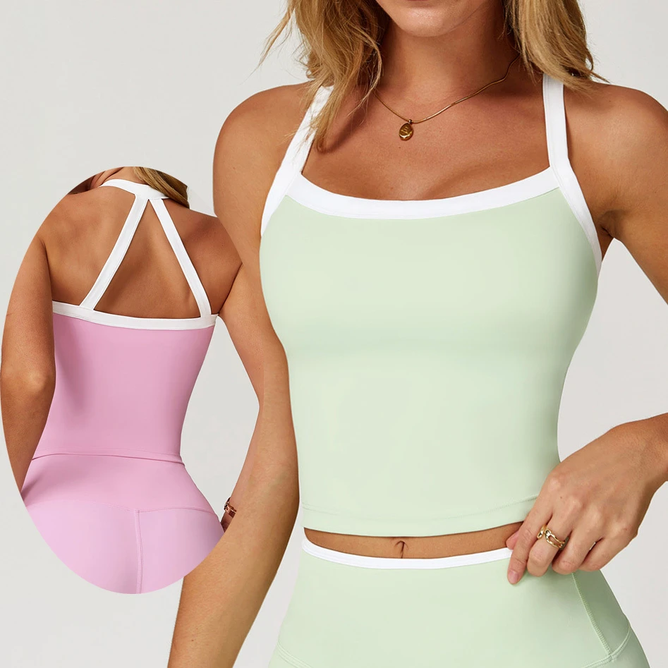 YIYI Skin-friendly Nude Women Yoga Vest Contrast Hollow Cross Back Beauty Women Sleeveless Top Halter Neck Chest Pad Support Bra