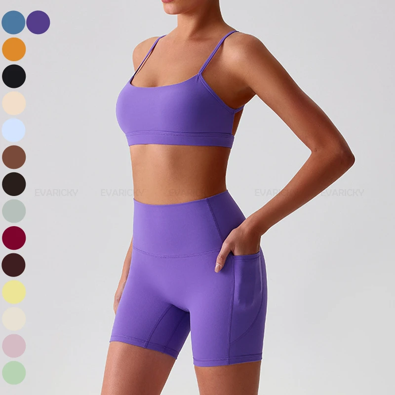 2 Piece Women's Solid Breathable Gym Workout Yoga Set with Side Pockets Shorts & Crop Top Elastic Waist