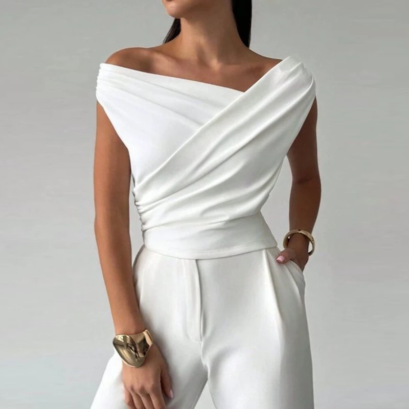 Short Sleeves Skinny Asymmetric Pleated Solid Color Split-Joint Asymmetric Neckline Women's T-Shirts Tops