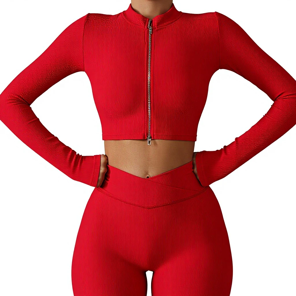 Le Ma Tight Hip Quick-drying Solid Yoga 2-Piece Set Long-sleeved Vertical Collar Zipper Casual Fitness All-match Sports Suit