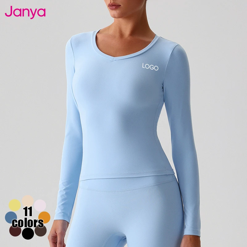 Janya Classic Breathable Quick Dry Workout Shirt New Gym Fitness Sportswear V-Neck T-Shirt Long Sleeves Yoga Tops for Women