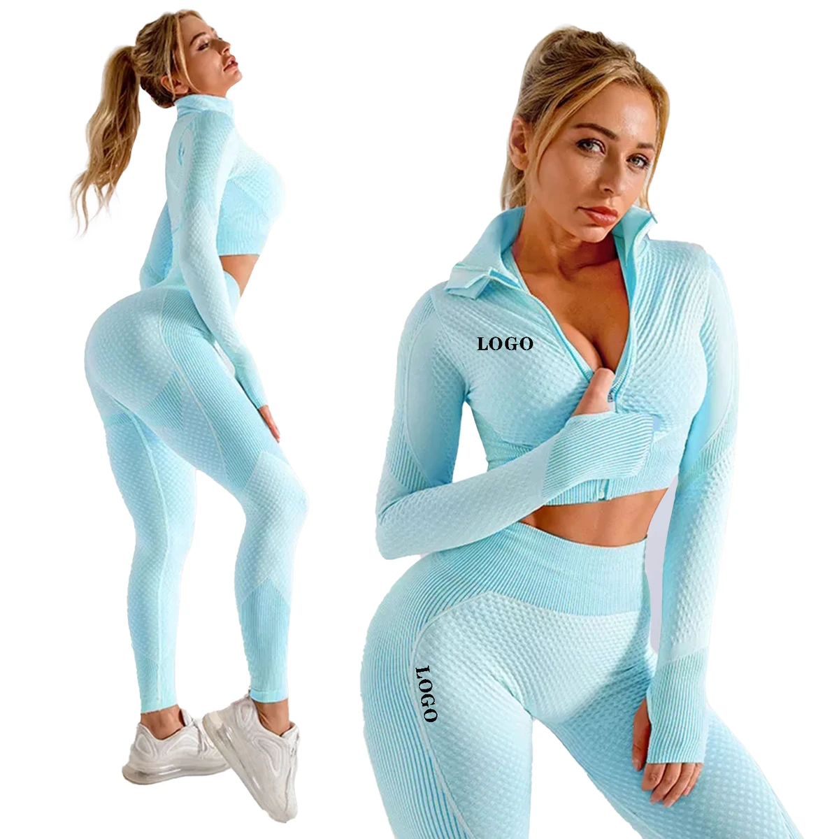 Wholesale Sportswear Workout Fitness Clothing Women Elastic Yoga Sets 3 Piece Legging and Jackets Seamless Yoga Set