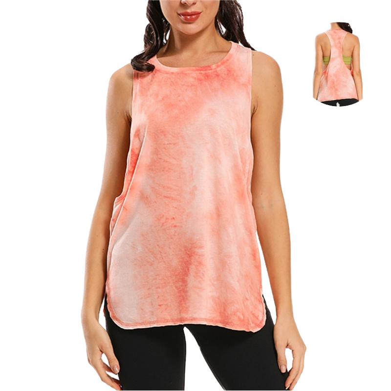 Women's Round Neck Quick-Dry Yoga Top Breathable Fitness Crop Vest for Workout Running Front Logo Tie-Dye Sports Clothing