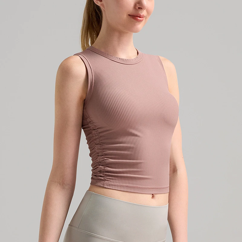 Women's Quick-Drying Workout Fitness Wear Slim-Fit Sports Vest Sleeveless Ribbed High Neck Double Side Fold Yoga Crop Top