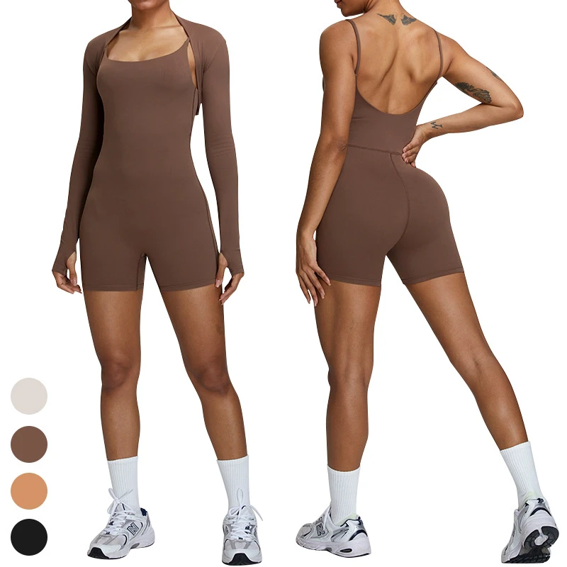Women Clothing Nude Feeling Long Sleeve Wraps Straps Jumpsuit 2 Piece Suit Quick Dry Running Yoga Set Women Gym Fitness Sets