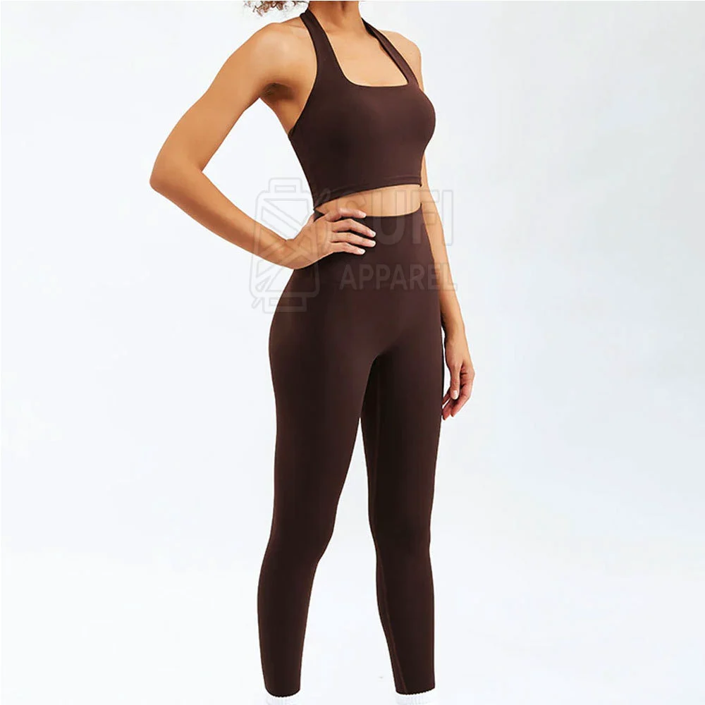 Wholesale Women Yoga Set High Stretch Fitness Workout Activewear Leggings and Sports Bra with Front Logo