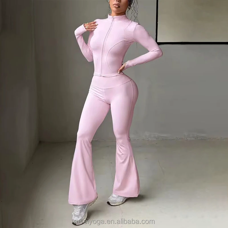 OEM Custom Logo Solid Fitted Long Sleeve Top And Flared Pants Sportswear Set Women Gym Outfit Fitness Running Workout Yoga Sets