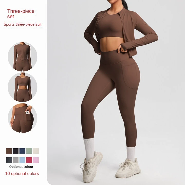 Cross-border New Solid Wrinkle-resistant Cloud-feeling Breathable Spandex/Nylon 3-Piece Set Slim-fit Long-sleeved Sports Yoga