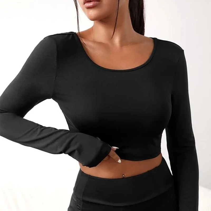 Plain Round Neck Black Braided Detail Cut Out Backless Women Long Sleeve Thumb Hole Crop Yoga Crop Top Gym Tee