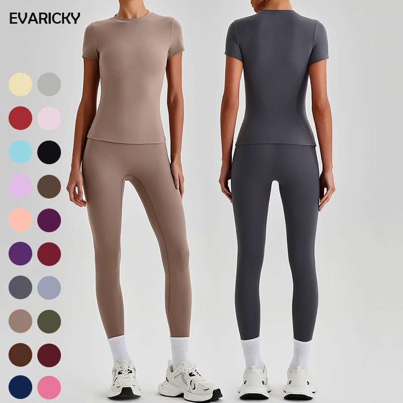 EVARICKY Custom Yoga Gym Legging Set Women Breathable Short Sleeves Fitness Top High Waist Yoga Pants 2-Piece Activewear Sets