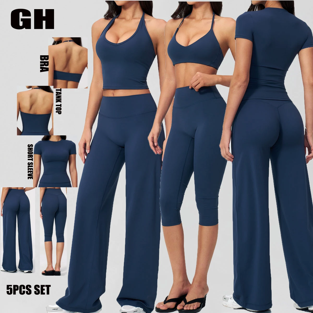 GH Ropa Deportiva Para Mujer Gym Wear High Waist Capri Leggings Wide Leg Pants Halter Bra Tank Top Short Sleeve Women Yoga Set