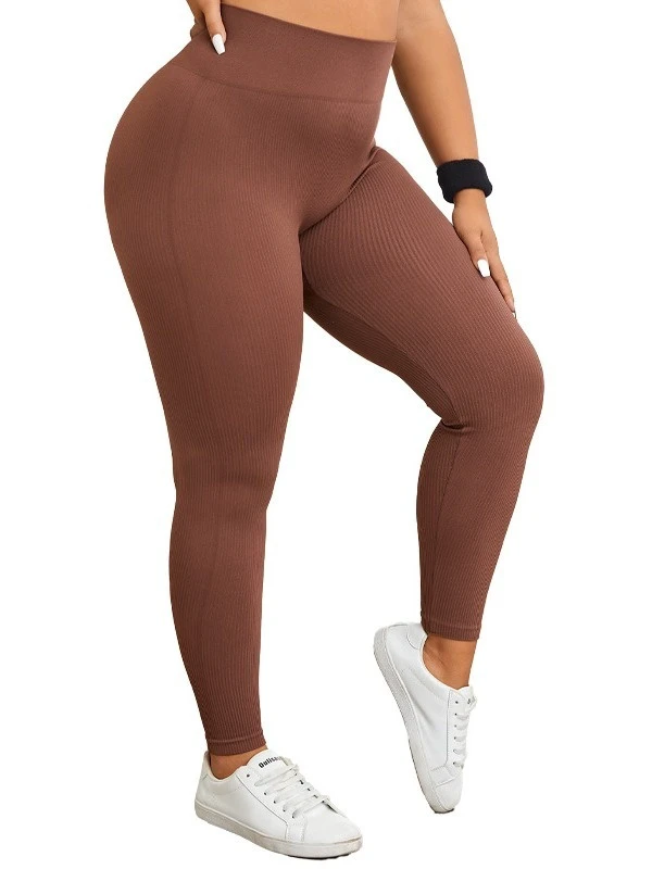 Plus Size High-Waisted Butt-Lifting Ankle-Length Yoga Leggings Ribbed Women's High-Stretch Slim-Fit Peach Hip Seamless Fitness
