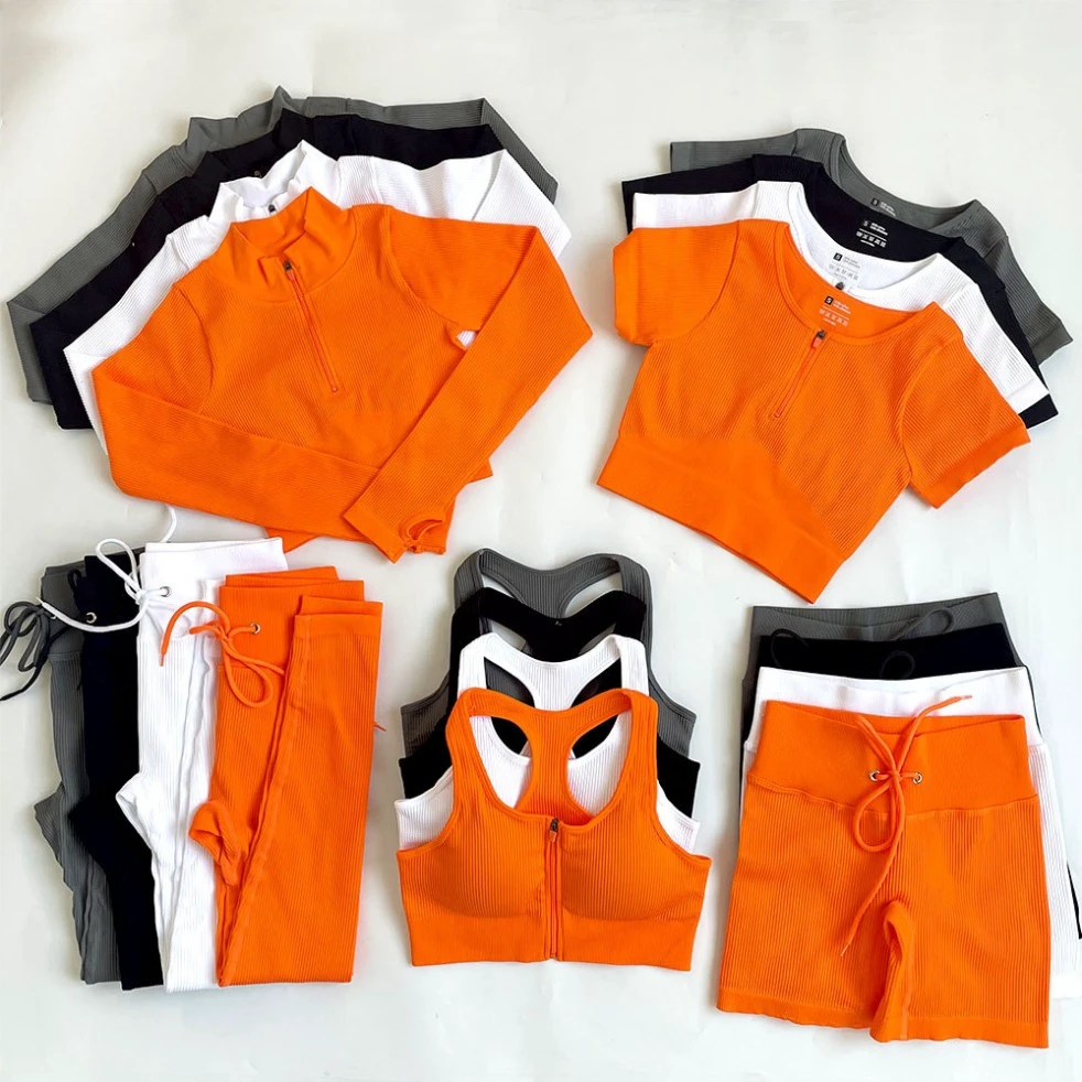 Wholesale Custom 5Pcs Sports Fitness Activewear Gym Woman Seamless Ribbed Workout Clothing Yoga Active Wear Set