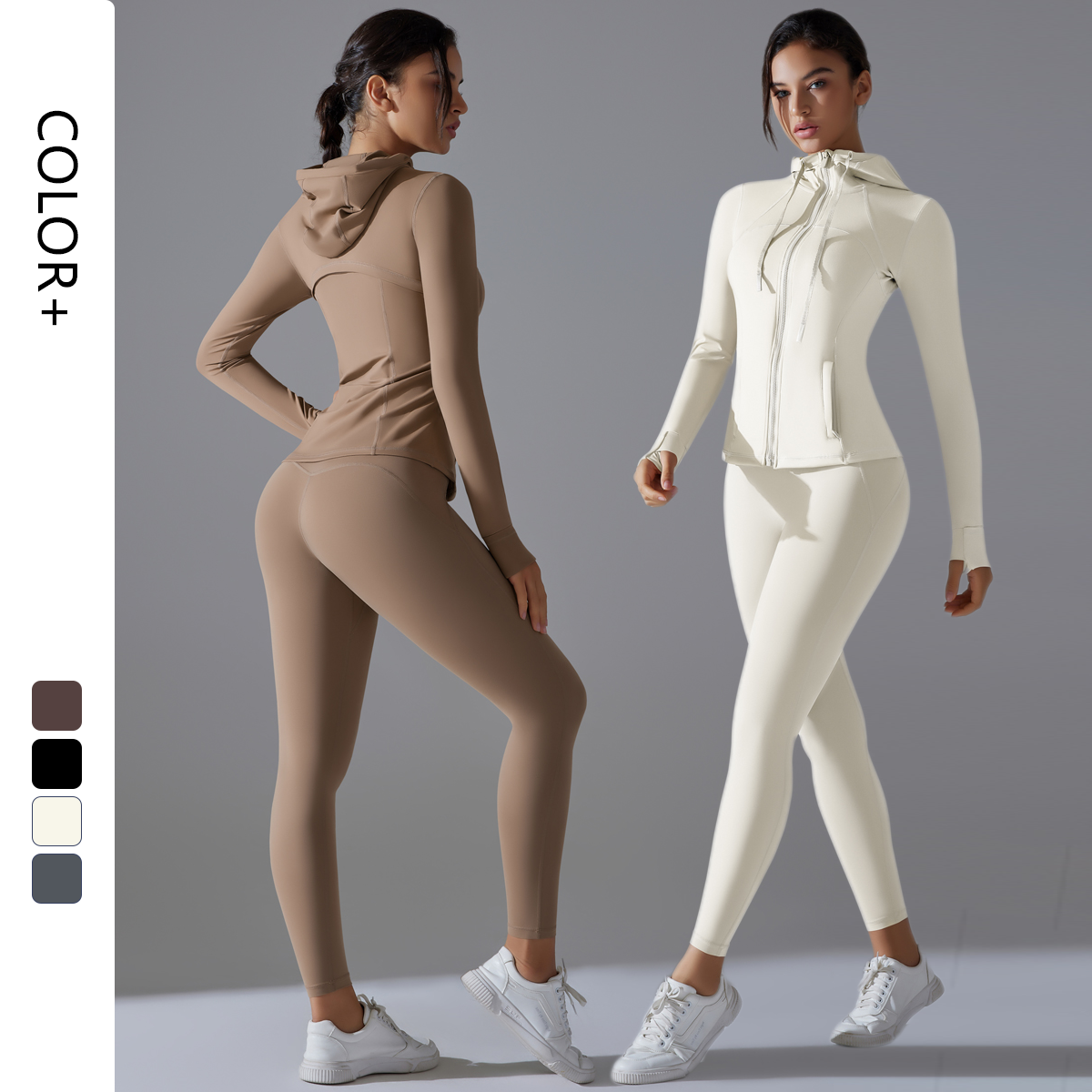 Antibacterial Fabric Women Sports Yoga Hooded Jackets Slim Gym Fitness Workout Zipper Track Leggings Yoga Sets