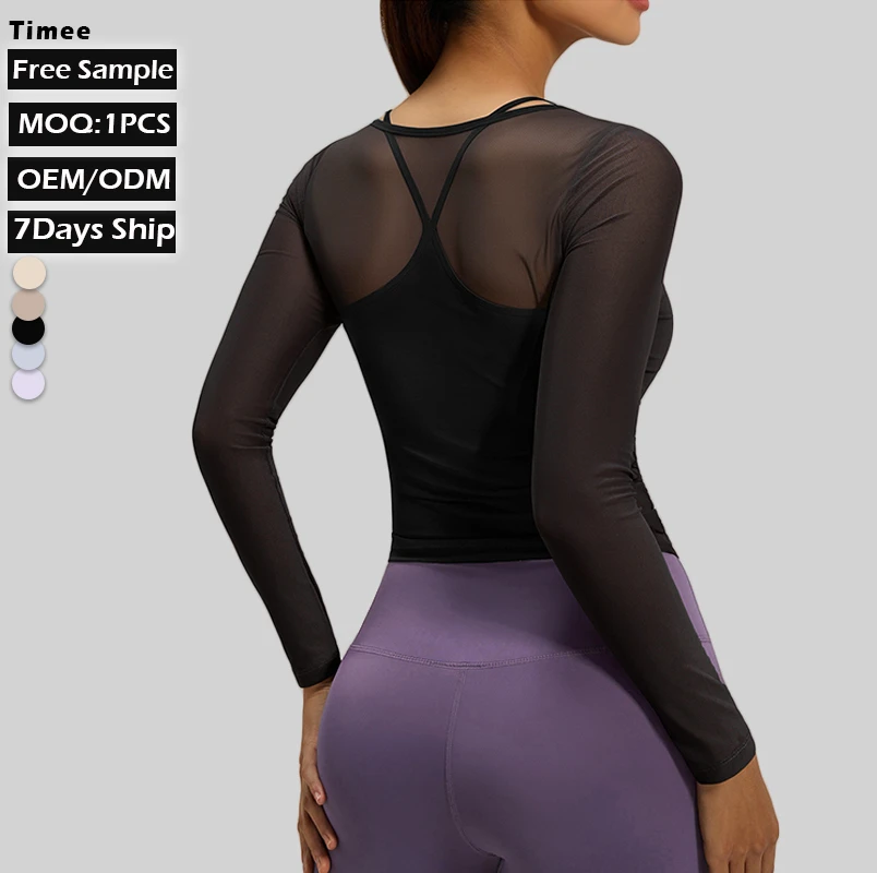 Custom Logo Mesh Long Sleeve 2-in-1 Yoga Top with Built-in Bra Removable Pads Breathable Sheer Workout Shirt for Women