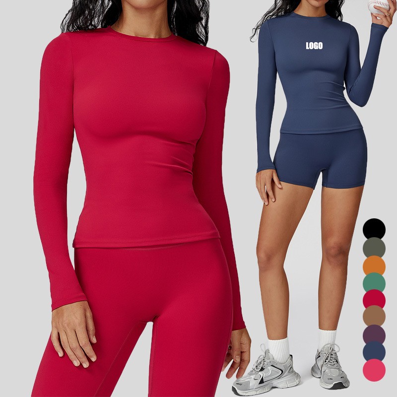 Brushed Long Sleeve Yoga T-Shirt - Slim Fit Round Neck Workout Top for Gym, Running & Outdoor Sports | Comfortable Fitness Wear