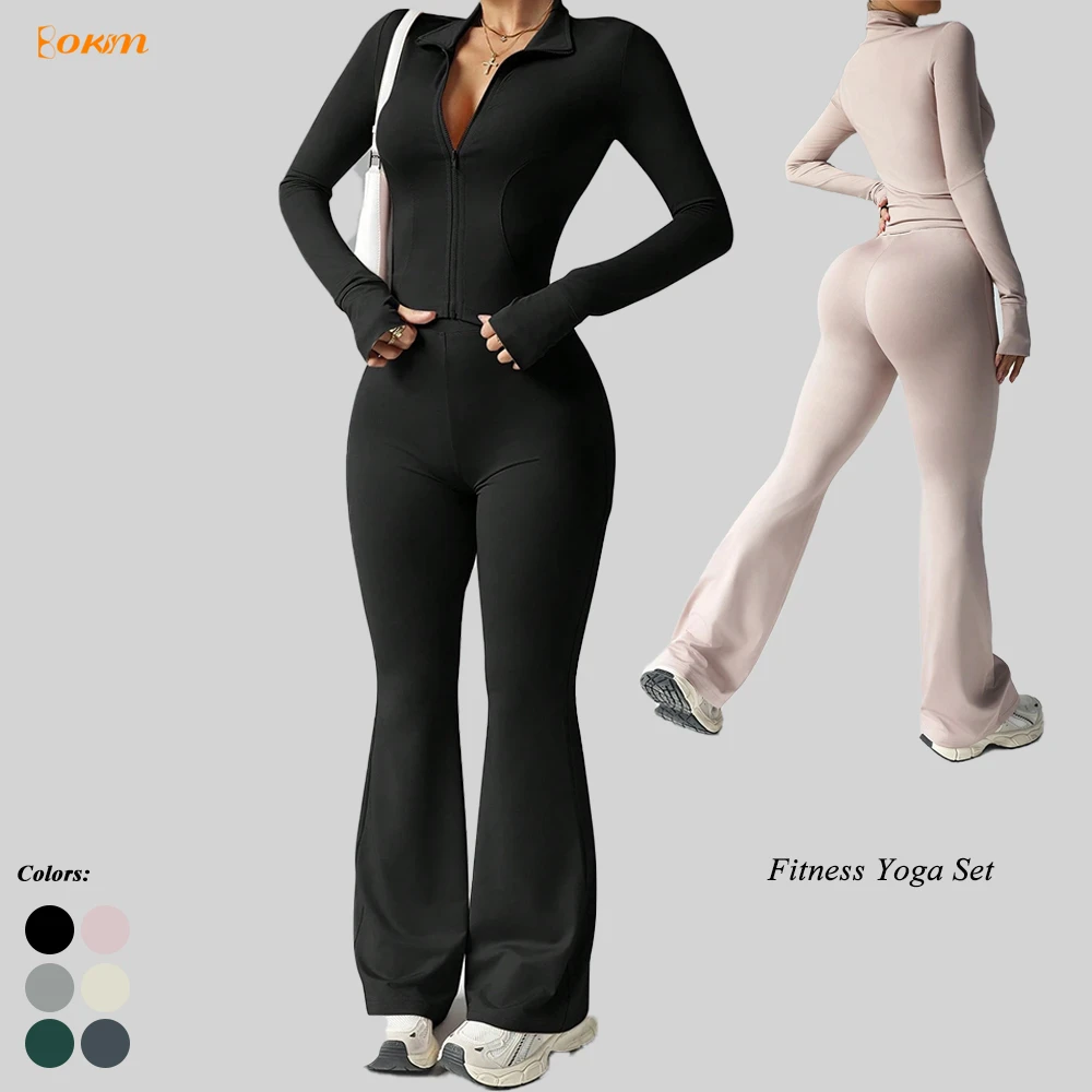Women's Solid Zip-Up Sports Suit Long Sleeve Yoga Top with High Waist Flared Leggings Quick-Dry Breathable Activewear Set