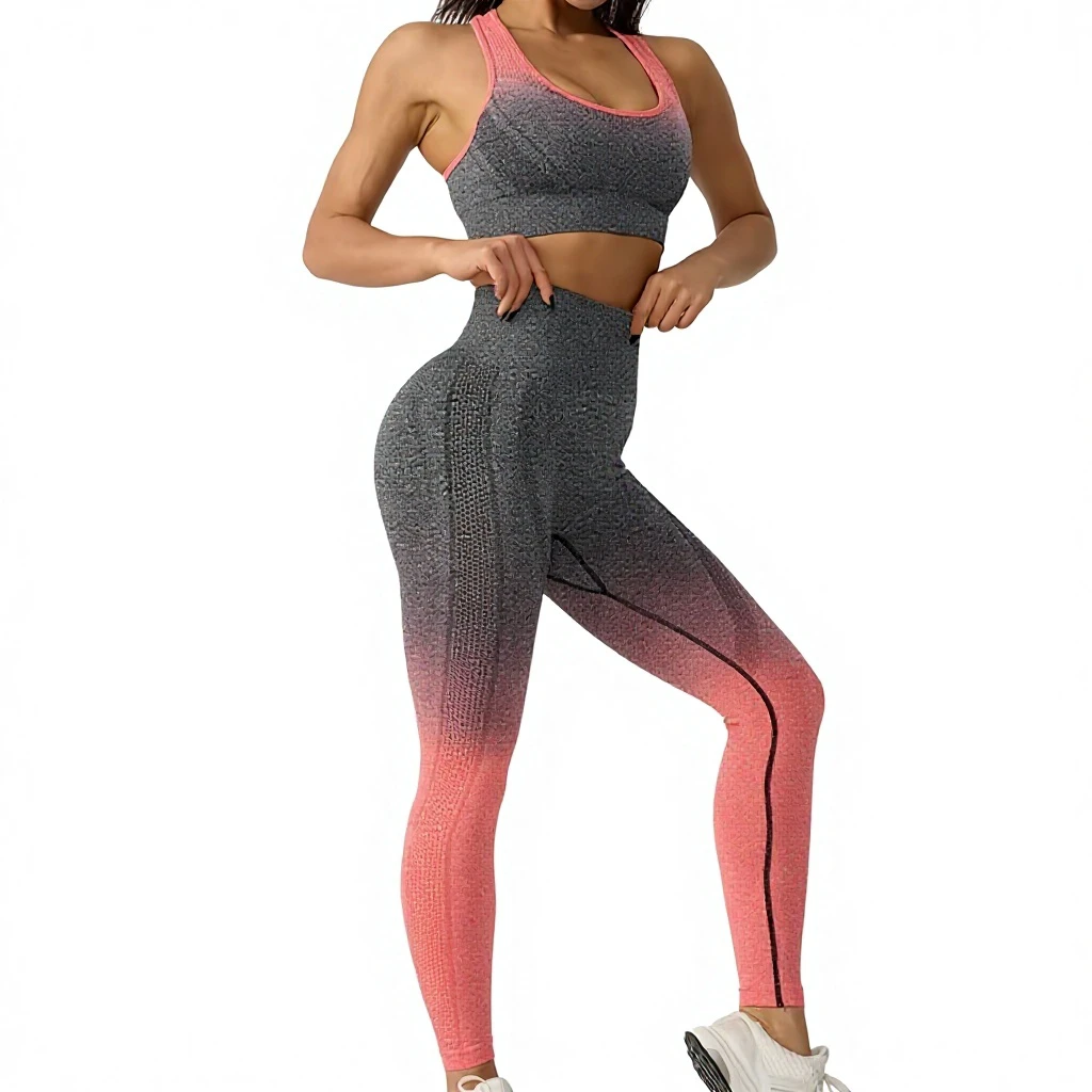 Autumn Winter New Cross-border Yoga Suit 2-Piece Set Gradient Color Side Stripe Fitness Trousers Hip-lifting Running Sports