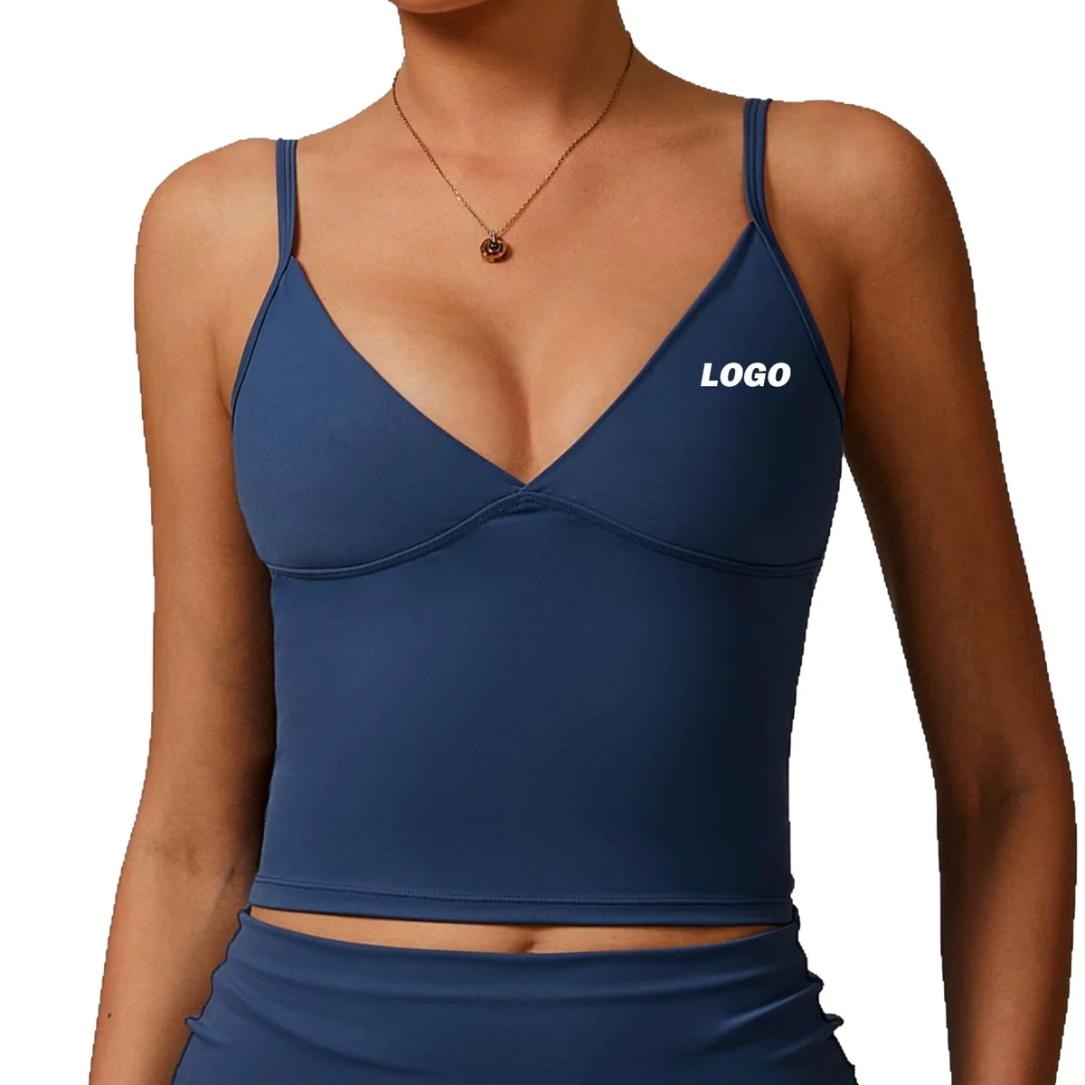 Custom Solid Eco Friendly Recycled Gym Wear Yoga Padded Deep V Neck Tank Top Fitness Crop Top Women Workout Padded Vest
