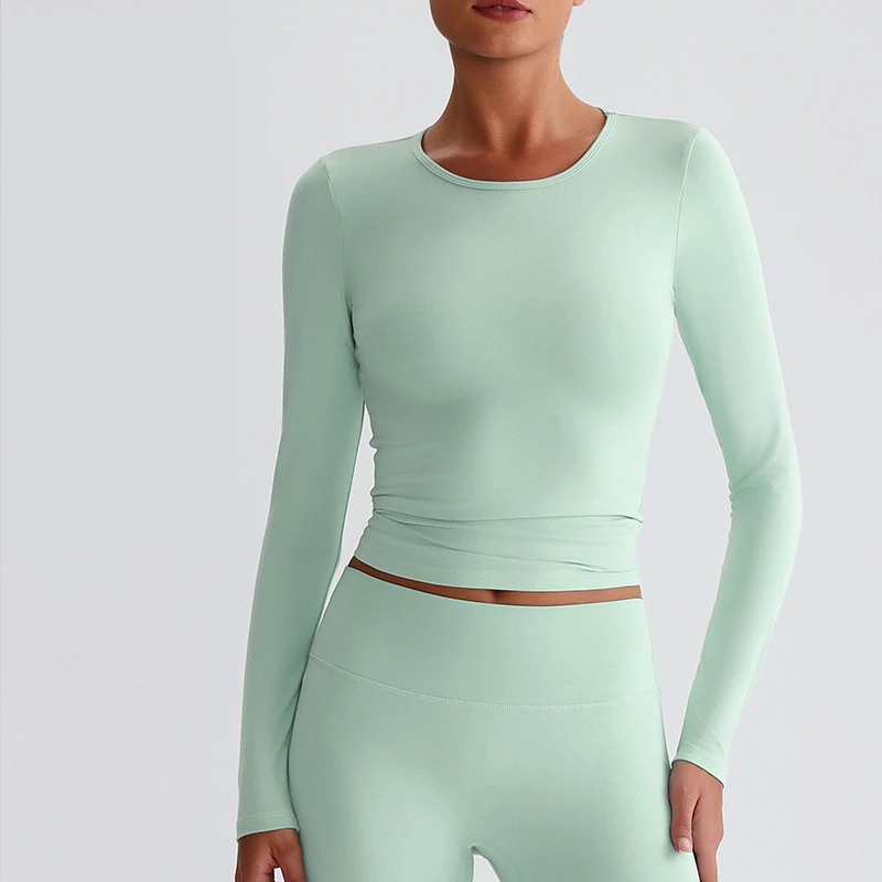 Custom Round Collar Slim Fit T Shirt Yoga No Chest Pad Long Sleeve Workout Top Sport T-Shirt for Women