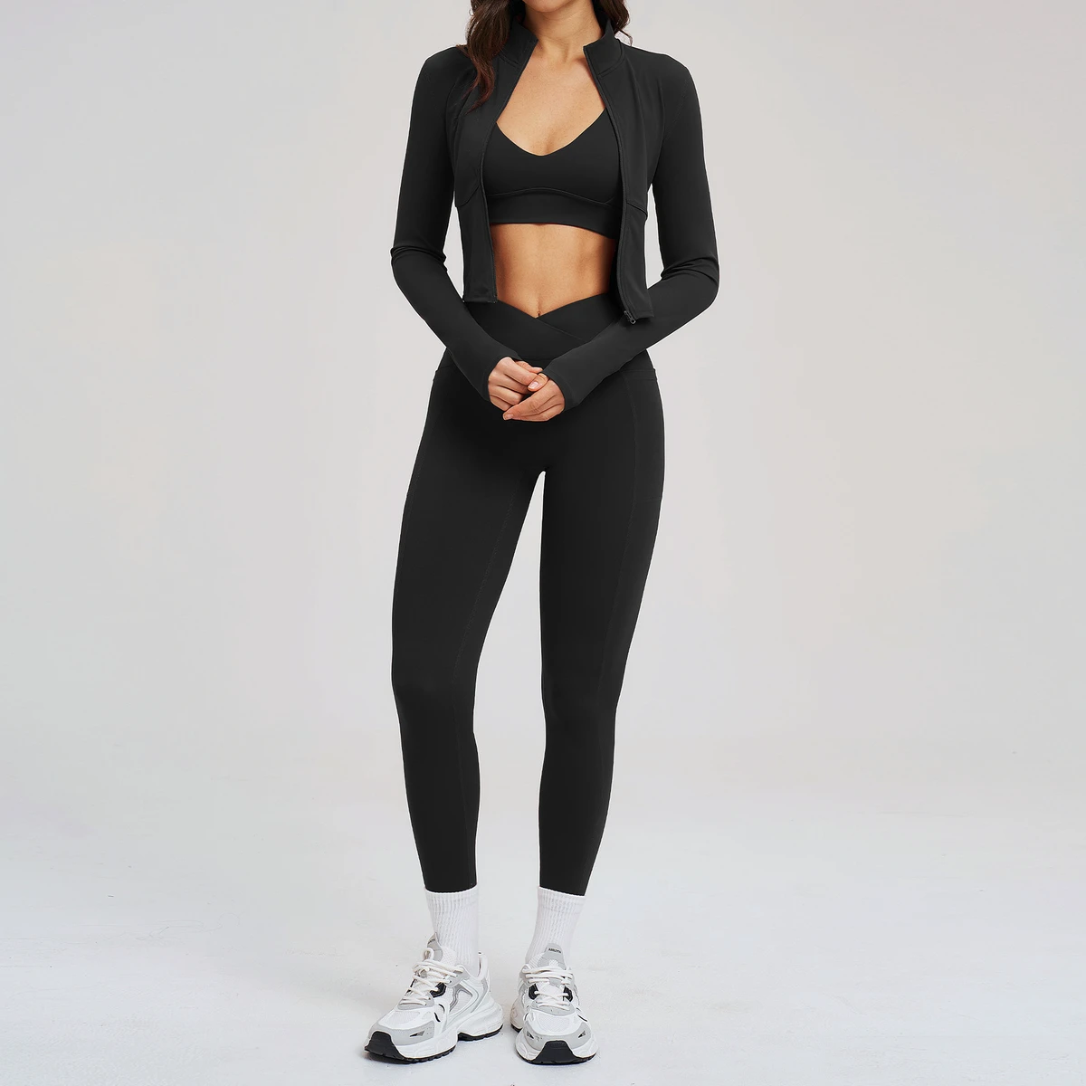 Yoga Set Women's Soft Breathable 3-Piece Yoga Suit Full Zip Jacket Long Outdoor Cycling Sportswear Set