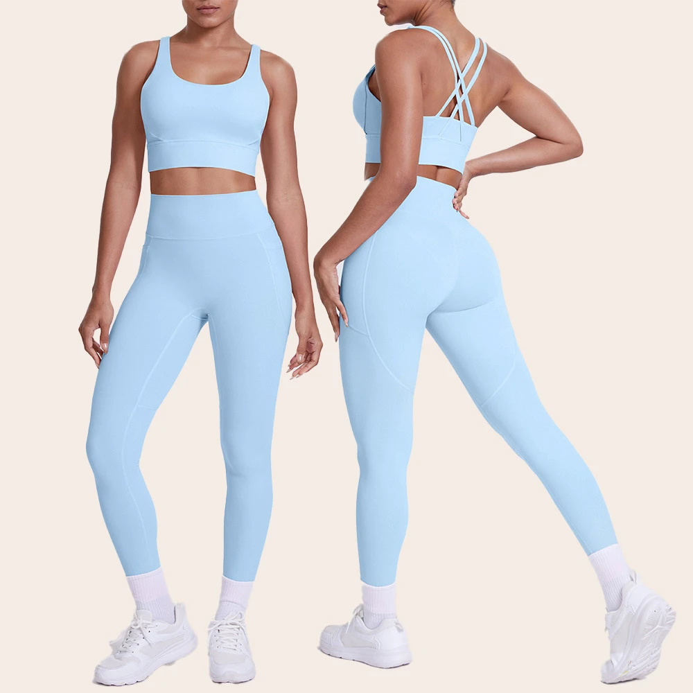 Cross Back Shoulder Straps Yoga Set Breathable Solid Color Tummy Control Leggings for Ladies Set Gym High Quality
