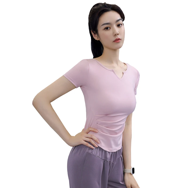 Plus Size Yoga T-shirt Small V-neck Short Sleeve Waist Folding Tight Quick Drying Sports T-shirt Running Training Fitness Wear