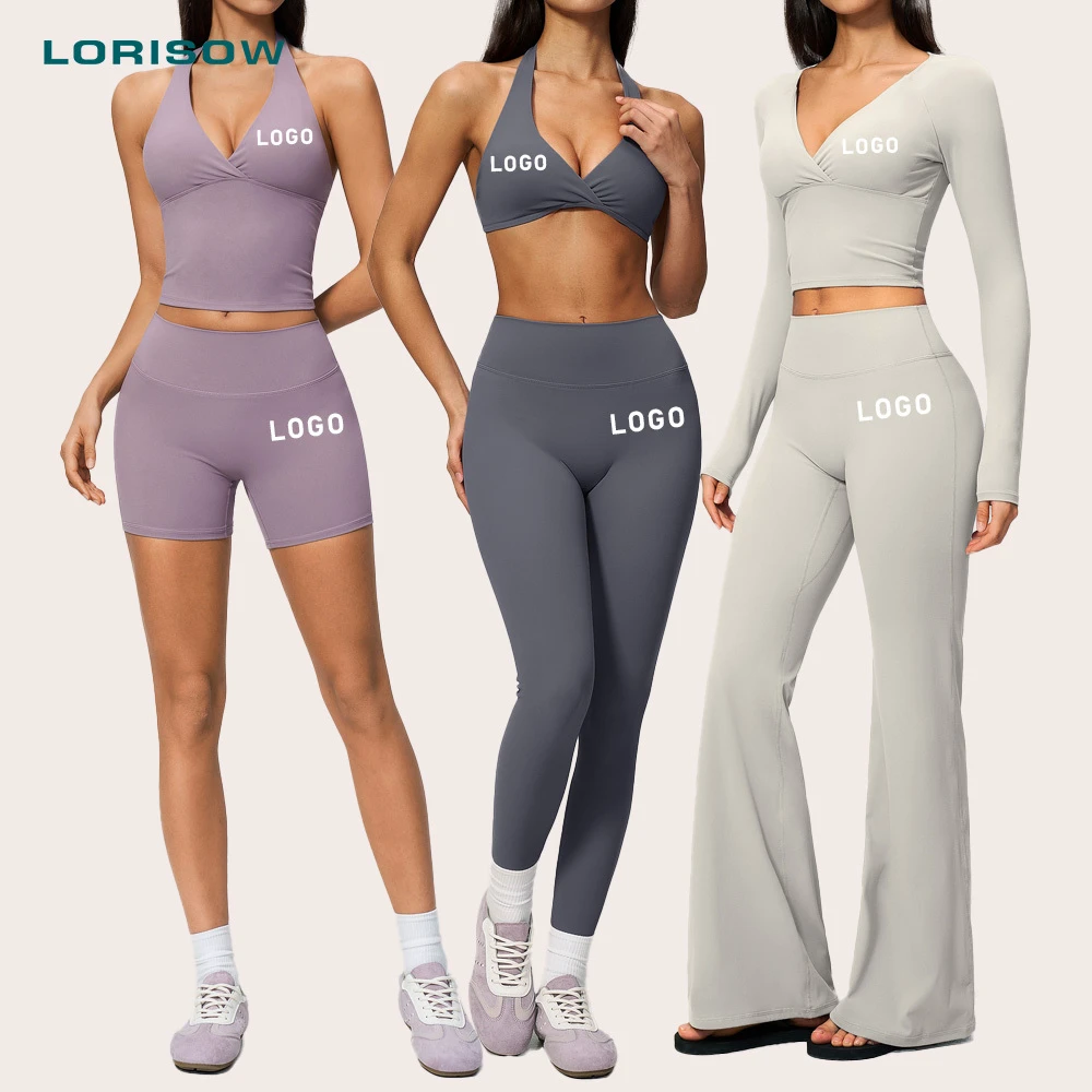 LORISOW Wholesalers Gym Fitness V Neck Long Sleeve Sports Wear High Waist Legging Plus Size Custom Yoga Set 6 Piece Activewear