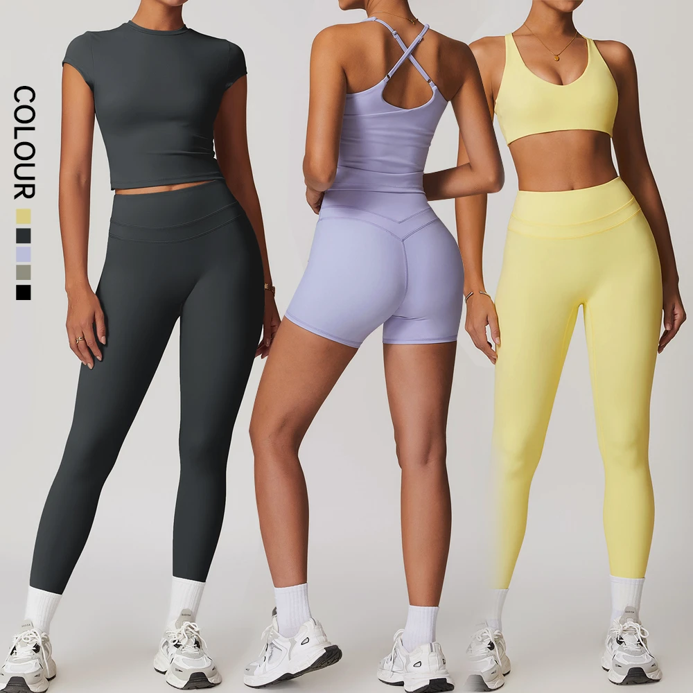 SHINBENE Women 6Pcs High Waist Leggings Shorts With Padded Sports Bra T-shirt Crop Tops Yoga Active Sets Gym Clothes