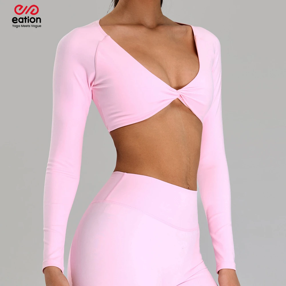 Women Active Tops V Neck Slim Fit Yoga Crop Top Long Sleeve Fitness Shirt Moisture Wicking Twist Front Breathable Activewear