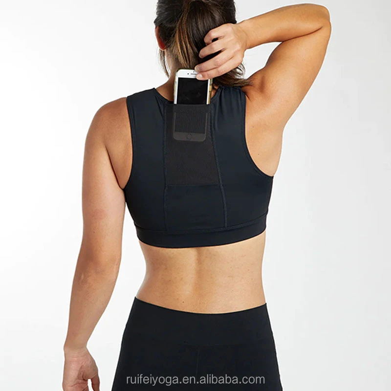 Custom Design Your Own Athletic Active Gym Yoga Fitness High Impact Women Padding Running Push up Sports Bra With Phone Pockets