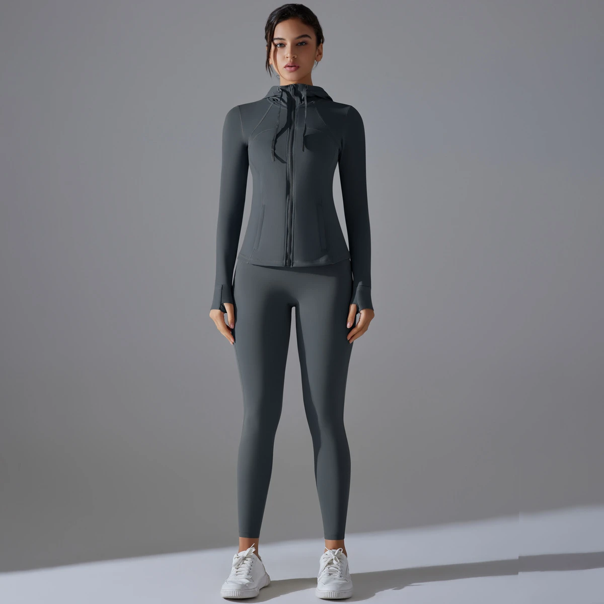 No Underwear Double-sided Brocade Yoga Set Solid Color Zip-up Hooded Sportswear Running Fitness Outfit Comfortable Breathable