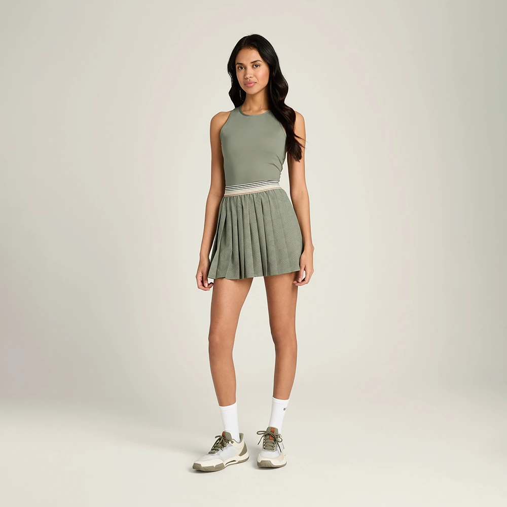 Women's Laser Cut Pleat Tennis Dress Breathable Open Back Elasticated Waistband Athletic Workout Performance Dress with Bra