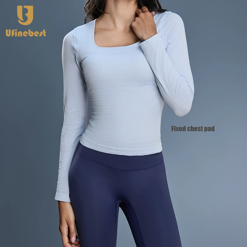 Seamless Women's Fixed Chest Pad Breathable Seamless Woven Sports Yoga Suit Long-Sleeved Tight Waist Slimming t Shirt