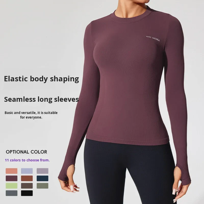 Women's Long-sleeved Fleece Sports Top Slimming Quick Drying Crew Neck Tight-fitting Solid Color Pullover Yoga Running T-shirt