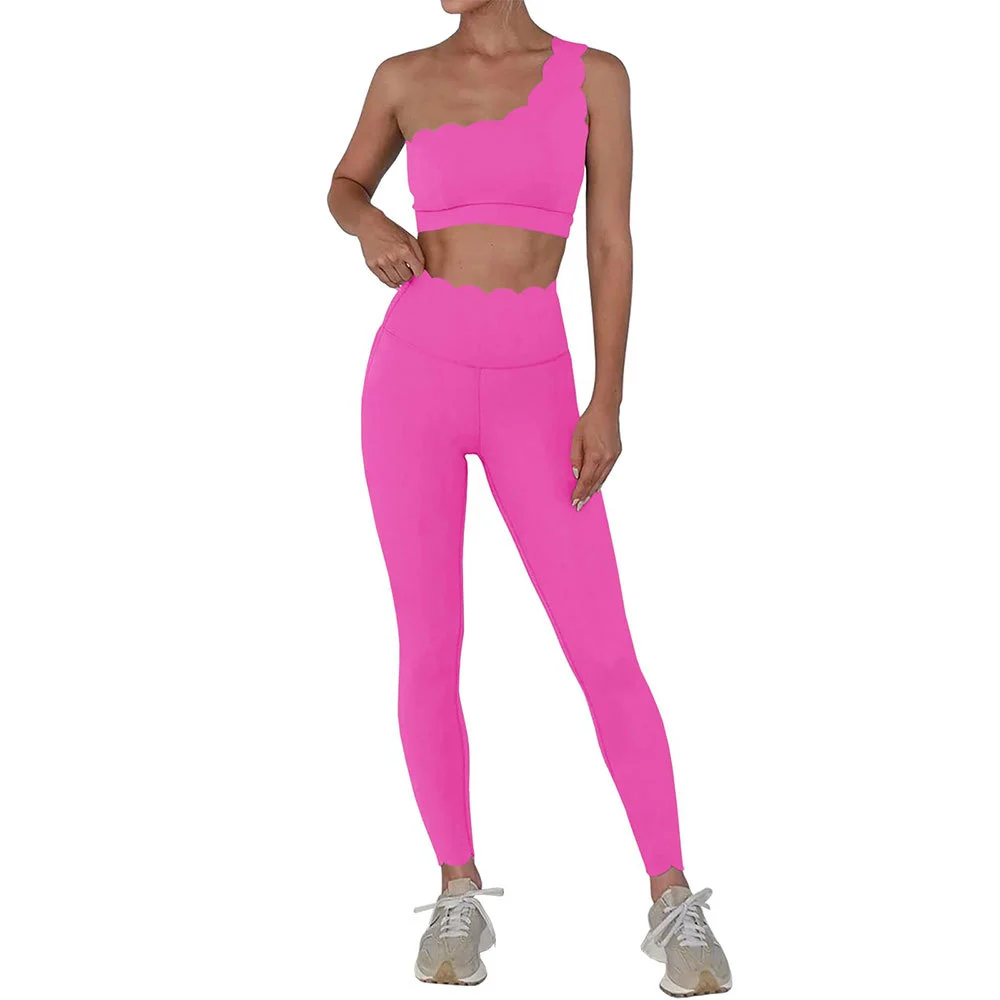 Pink One-Shoulder Yoga Set High Waist Leggings Seamless 2 Piece Sport Wear for Women Full Length Solid Color