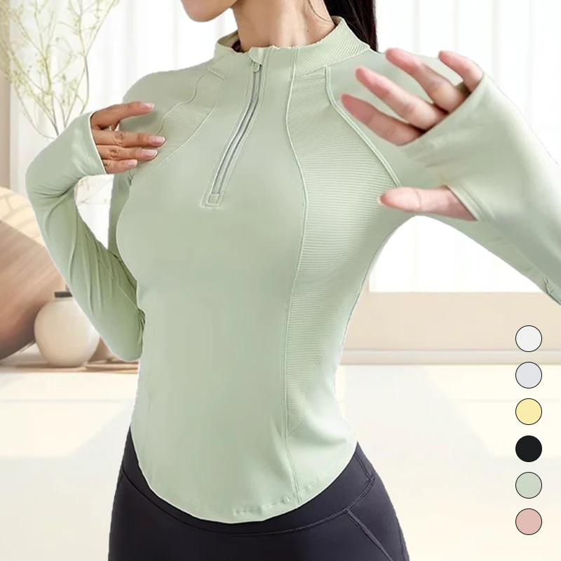 High Quality Breathable Stand Collar Half Zip Fitness Long Sleeves Crop Tops Finger Hole Yoga Training SKINNY Fit Jacket Front