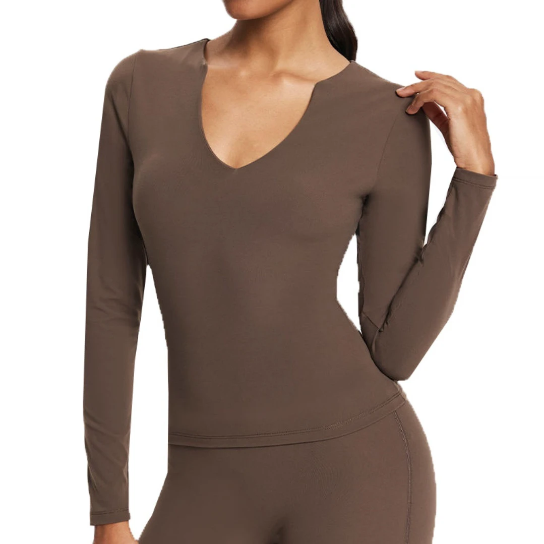 OEM Women's V-Neck Long Sleeve Yoga Top Compression Sports Shirt Elastic Slim Training Breathable Four-Way Stretch T-shirts