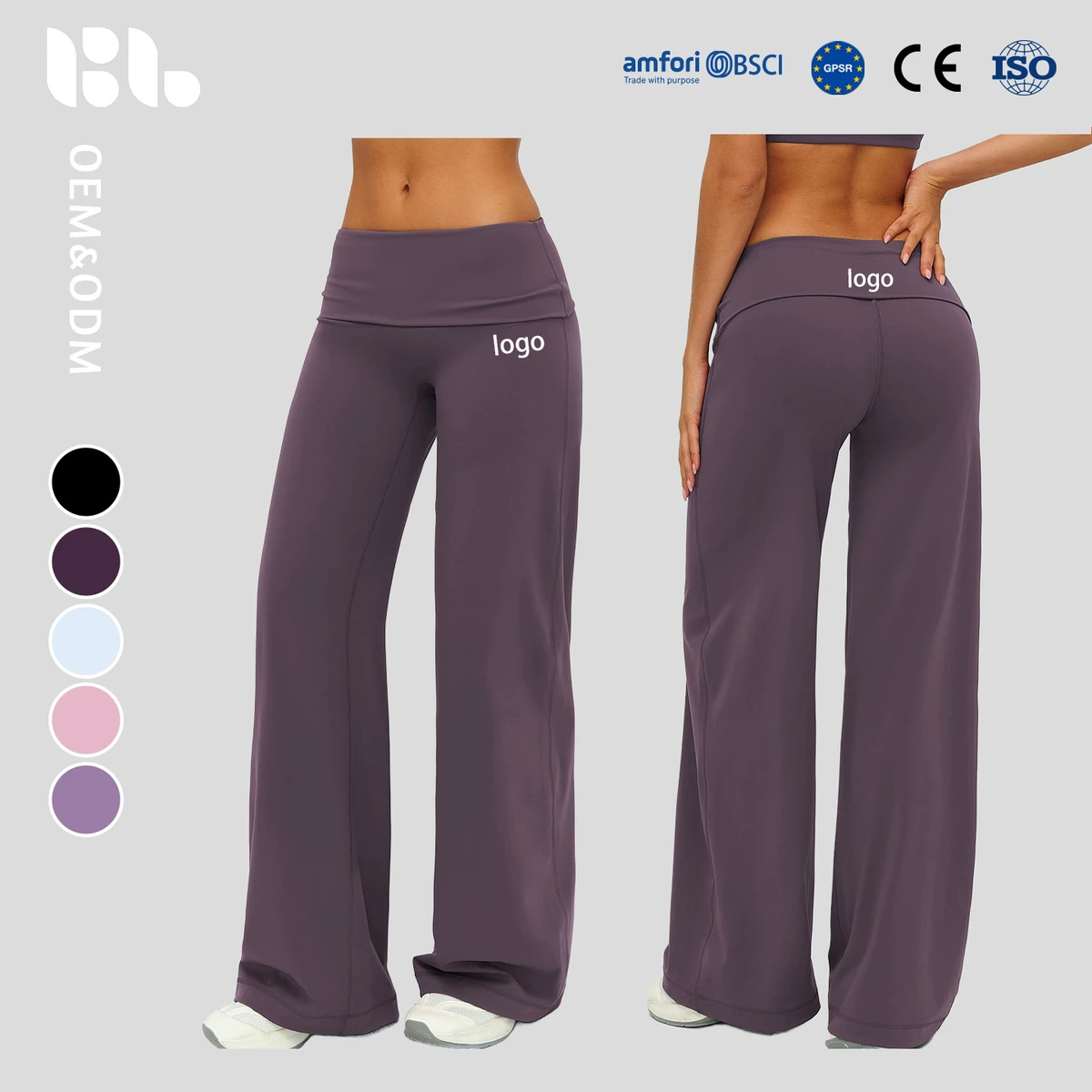 Women's Fashion Low-Rise Foldable Straight Flared Yoga Pants Spandex/Nylon Breathable Four-Way Stretch Custom Logo Long Loose