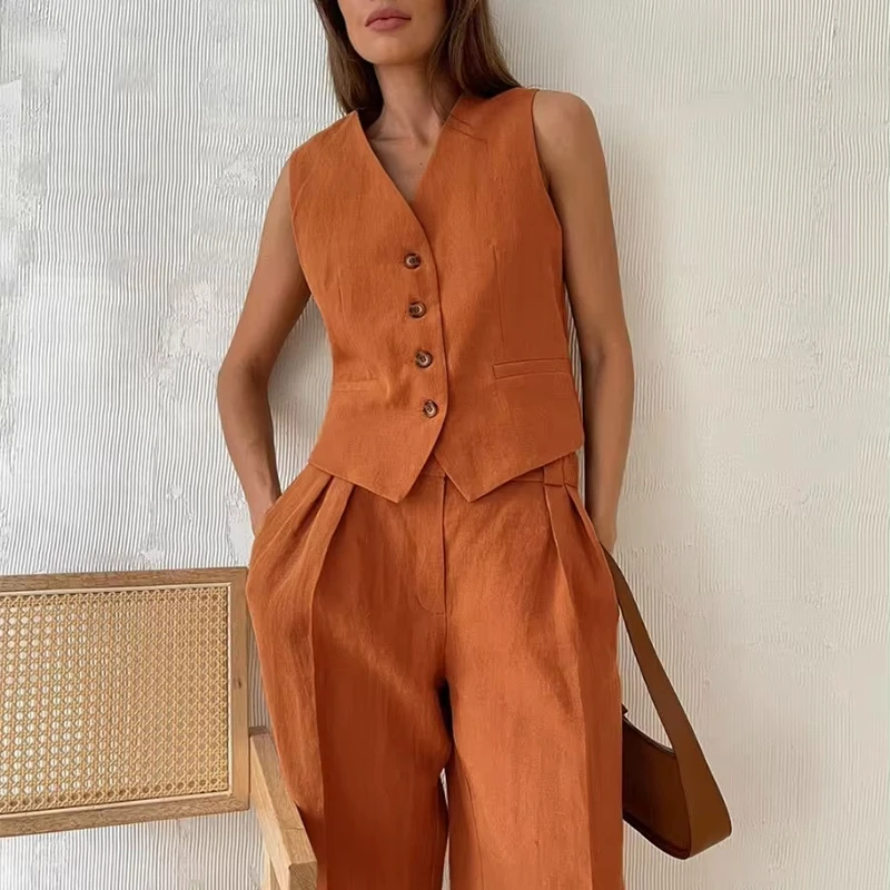 Custom Logo Summer 2 Two Piece Loungewear Women Suits Knit Outfit Set For Women Clothing Pants And Top Outfit Linen Women Sets