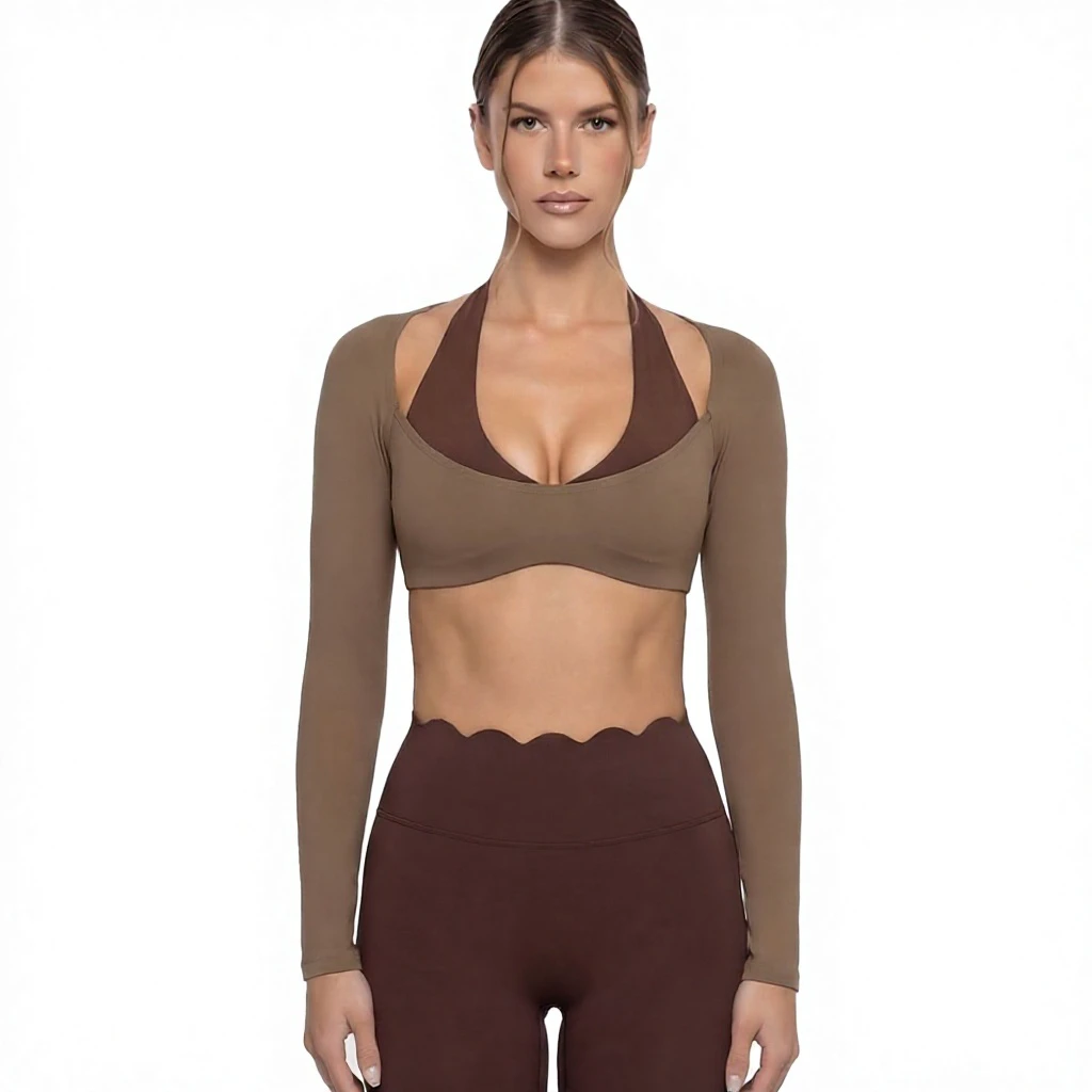Women's Solid Two-piece Sweat-Wicking Sports Long-sleeved Halter Neck Pilates Yoga Clothes Slim-fit Fitness Sports Top