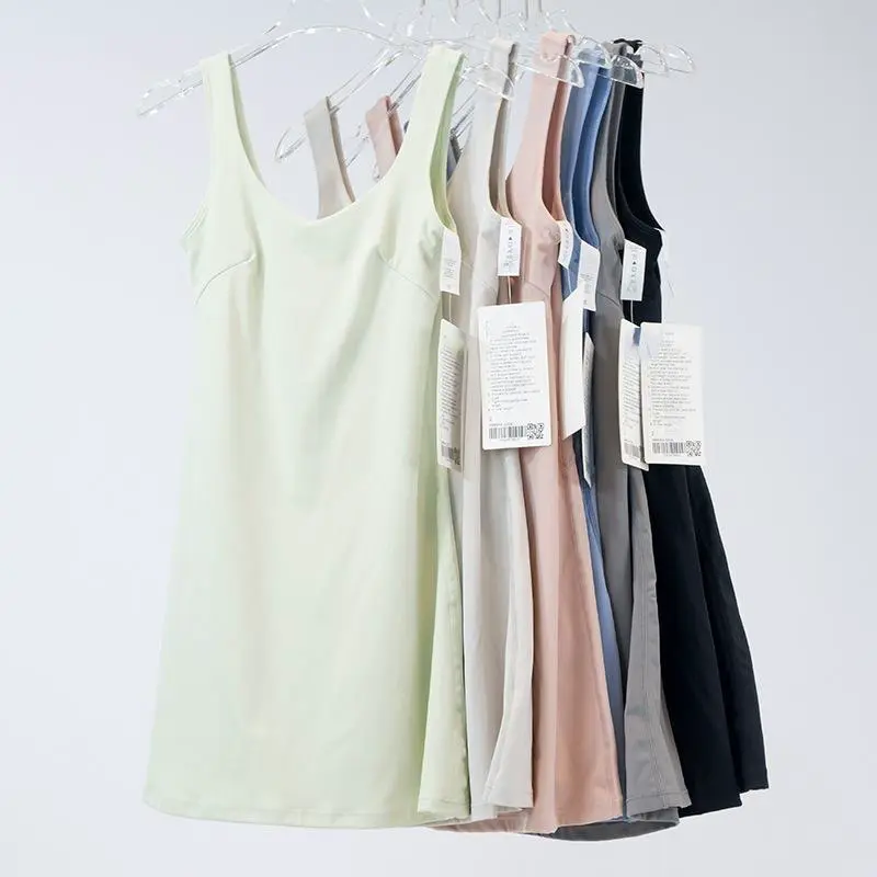 Wholesale Fashion Women's Summer Sports YOGA Dress High Elasticity Breathable Quick Dry V-neck Casual Sexy Luxury Brand LOGO