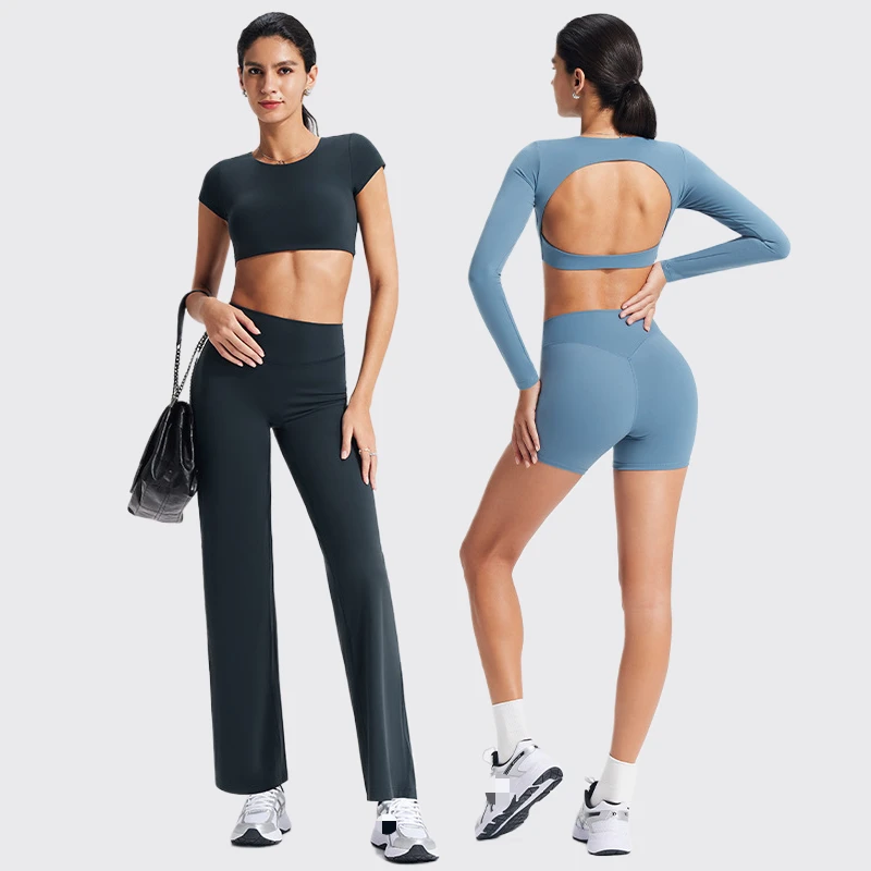 Backless T-shirt Sports Short Sleeved Set For Women With Chest Pads, Fitness Top, Outdoor Sports Yoga Suit Set